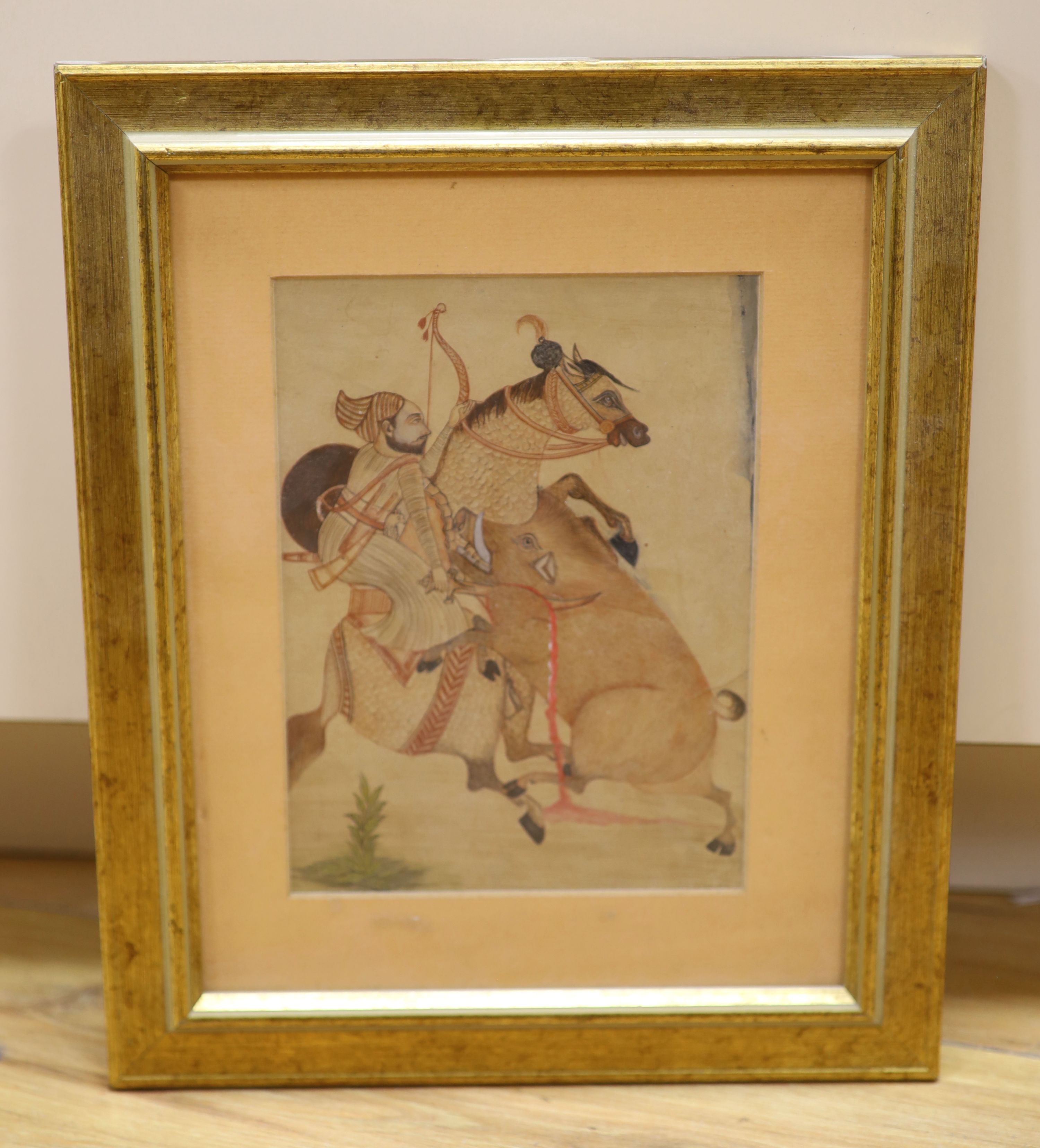 Persian School, watercolour, Hunting wild boar, inscribed verso, 18 x 13.5cm
